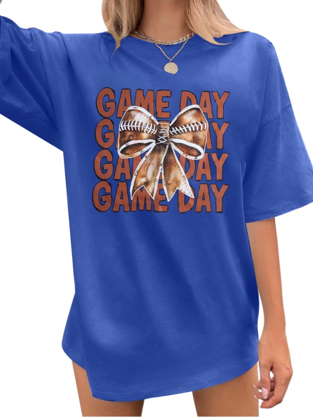 Game Day Blue Kids Tee with Football Bow Graphic